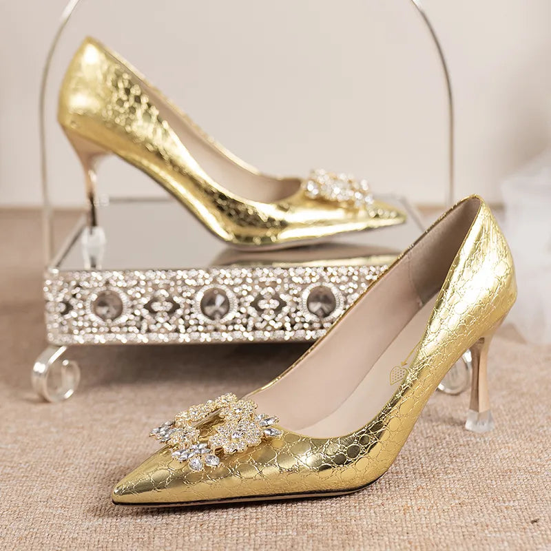 Luxury crystal square buckle gold silver women pumps slip on pointed toe high heels wedding party – Pollyanna Events