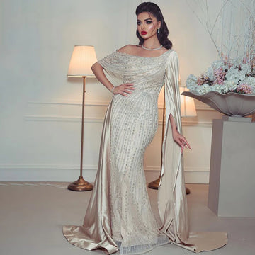 Champagne  Mermaid Evening Dress Luxury Dubai Beaded Cape Sleeve Wedding Party Formal Gowns SS316