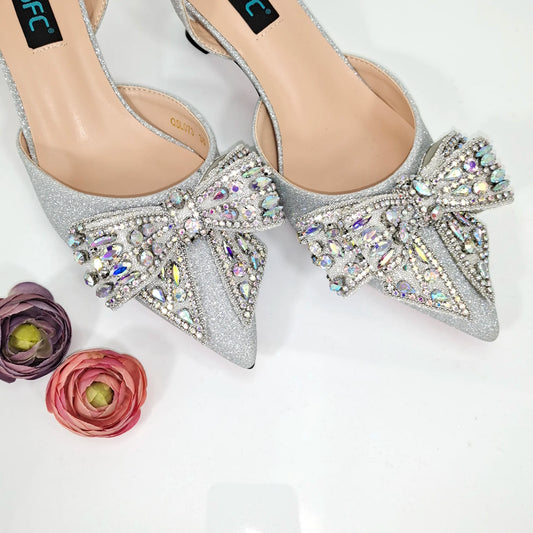QSGFC 2024  Women's Silver Mid Heels Frosted Crystal Shiny Rhinestone Party Italian Design Pointed Shoes And Bag Set