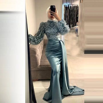 Customized 2025 Elegant Muslim Mermaid Evening Dresses High Neck Lace Appliques Party Satin Prom Dress 2022 Formal Mother Dress