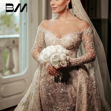 فستان عروس بأكمام طويلة من فيستدوس دي نوفيا، ذيل قابل للفصل 2 في 1، فستان زفاف فاخر مطرز بالخرز