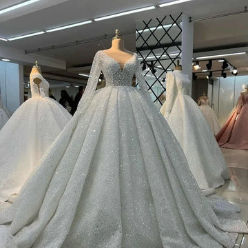 customized Luxury Ball Gown V-Neck Wedding Dresses Arabic Dubai Pearls Beaded Illusion Long Sleeves Bride Gowns Vestido De Noiva