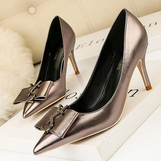 Women YS Luxury Replica Brand Designer Pumps 7cm High Heels Sexy Scarpins Lady Wedding Low Heels Metallic Silver Event Shoes