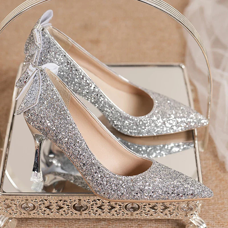 Gold silver sequins slip on pointed toe women autumn thin heeled high heels party wedding shoes – Pollyanna Events
