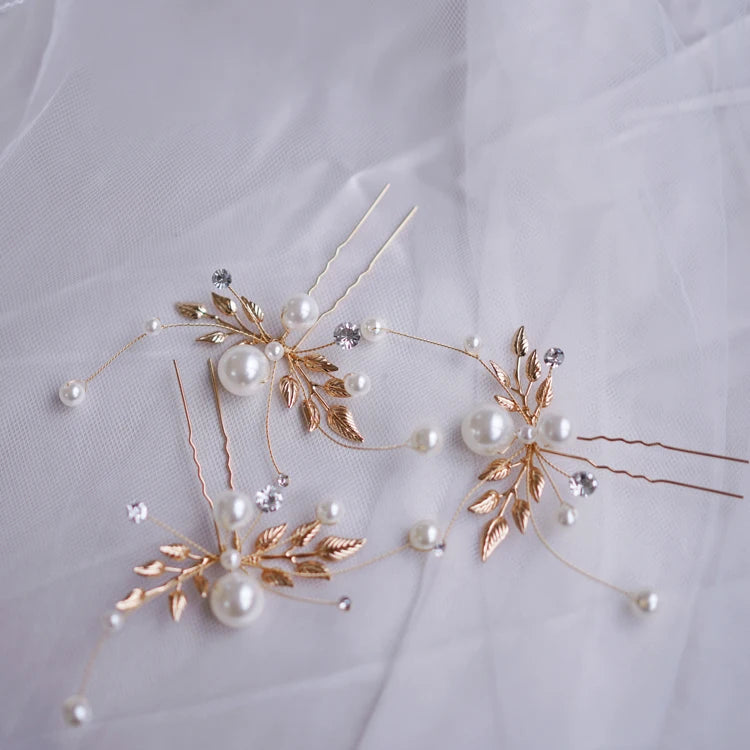 Rhinestones Pearl Hair Pin Clip Leaf Hairpin For Brides Women Gold Silver Color Head Piece Wedding Accessories Bridal Jewelry