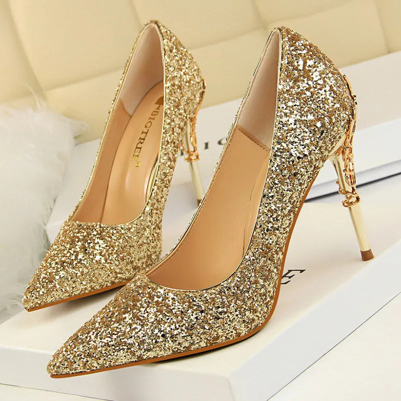 Women 9.5cm stiletto pumps lady gold silver sparkly sequins bling wedding bridal office party heels – Pollyanna Events