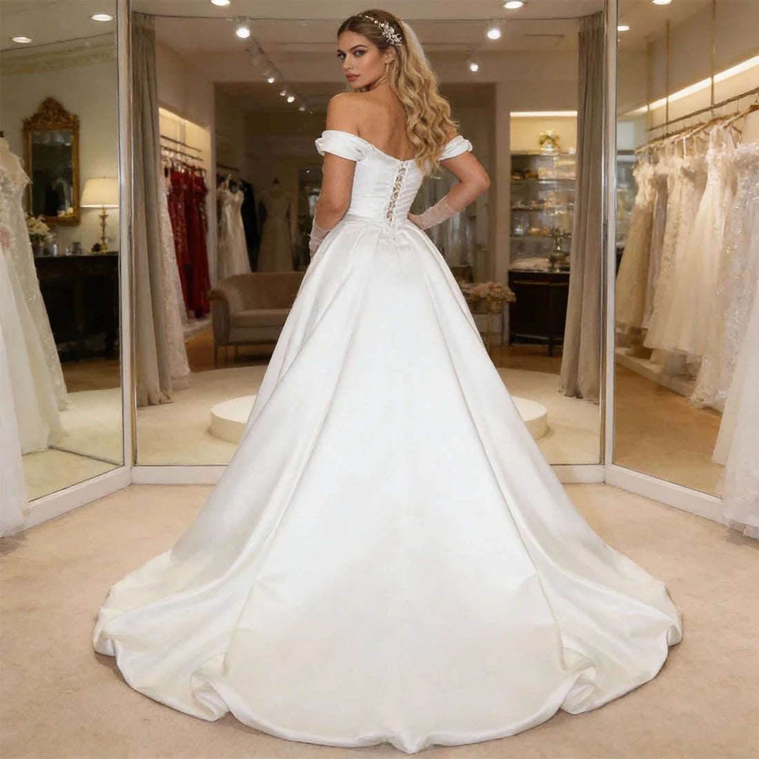 Simple Pleated Long Off Shoulder Wedding Dress A Line Ball Gown For Bride Vestidos Novia Satin Long Bridal Gown With Train