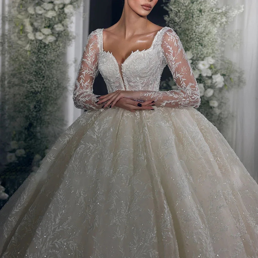 customized Luxury A Line Bridal Gowns 2024 V-Neck Long Sleeve Sequins Lace Wedding Dress High Quality Princess Bride Dresses