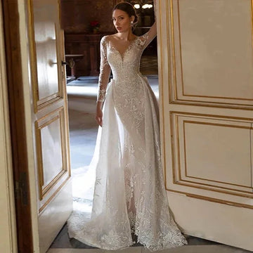 Exquisite Detachable Train 2 In 1 Mermaid Wedding Dresses Backless Embroidered Lace V-neck Bride Gowns Vestido De Novias Custom