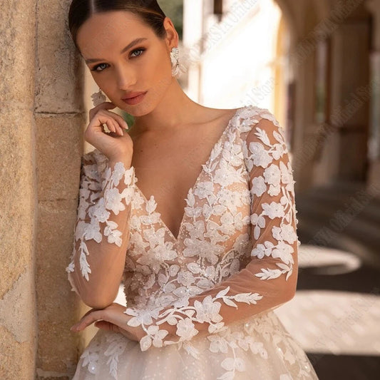 Robes de mariée exquises à manches longues sexy robes mariées sans dossier appliqués princesse tulle vestidos de ligne de novia