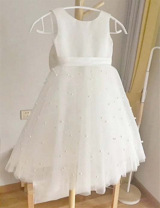 First Communion Gown Flower Girl Dress Elegant Tulle Features Crew Neck Pearls White Sleeveless For Wedding Kids Birthday Gift