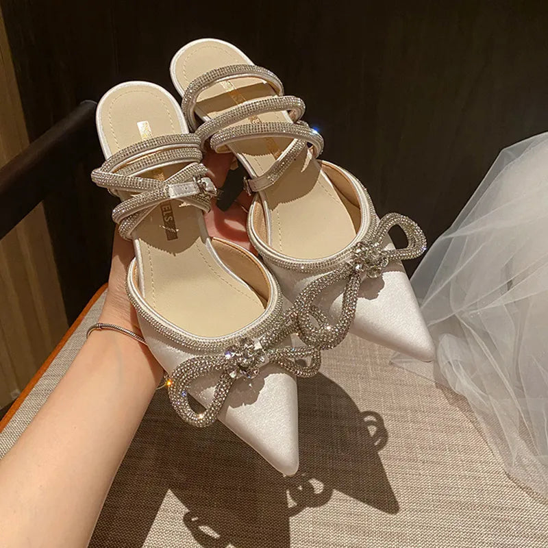 Glitter rhinestones crystal bow 9cm genuine leather women pumps summer lady high heels party prom shoes – Pollyanna Events