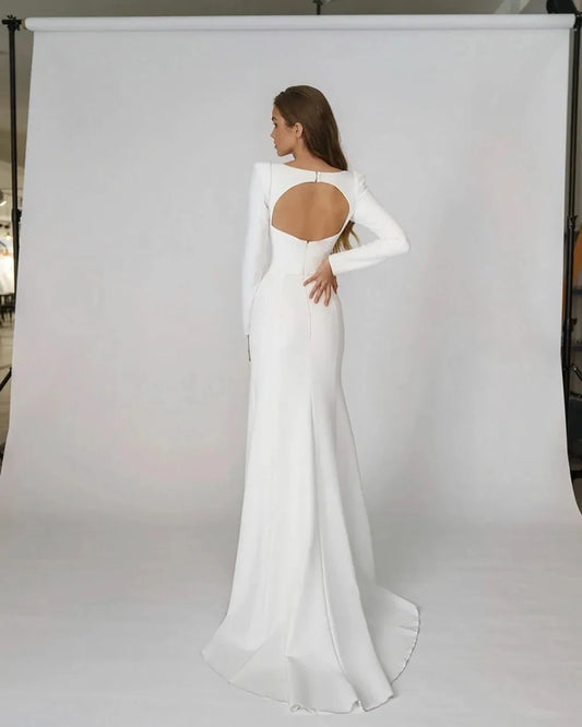 Robes de mariée simples 2024 Satin Sirène carré manches longues Backless Bridal Robes Elegant Robes Vestido de Noiva