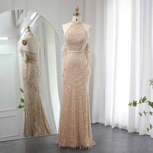Luxury Dubai Nude Mermaid Evening Dresses with Gloves 2024 Sexy Halter Arabic Women Wedding Formal Party Gowns SS289