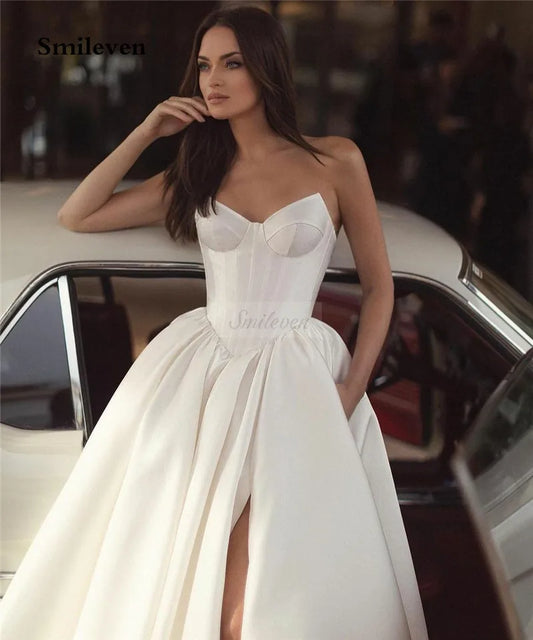 فساتين زفاف ساتان فتحة جانبية مشد فستان العروس فتحة جانبية فيستدو دي نوفيا 2024 فساتين زفاف