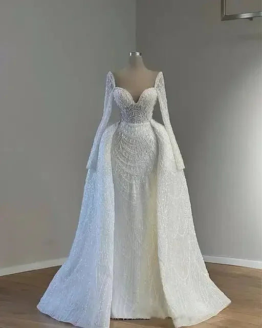 Customized Luxury White Mermaid Wedding Dresses Detachable Train Long Sleeves Beading Wedding Gowns Vestido Brides Dress