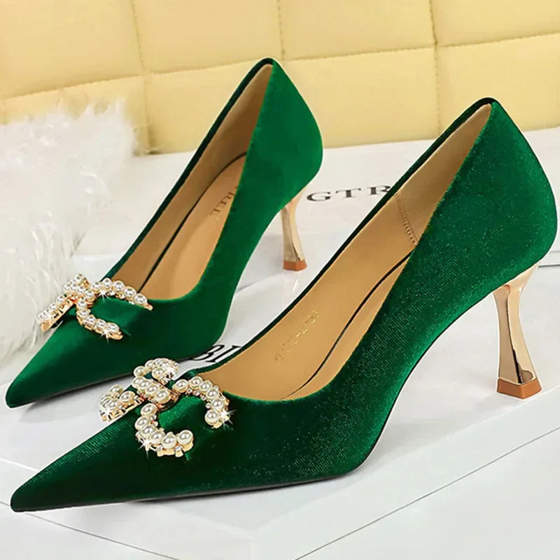 Women velvet pointed toe metal pearl crystal buckle luxury designer pink purple red 7cm pumps – Pollyanna Events