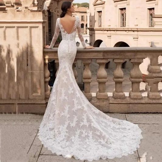 Exquisite Long Sleeves Mermaid Wedding Dresses Lace Appliques Bride Gowns Backless Sweep Train Vestidos De Noiva