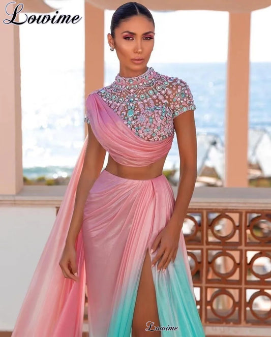 İki parça Dubai balo elbiseleri yarık kristaller özel ünlü elbiseler Türk coutures düğün konuklar elbiseler 2023 abiye
