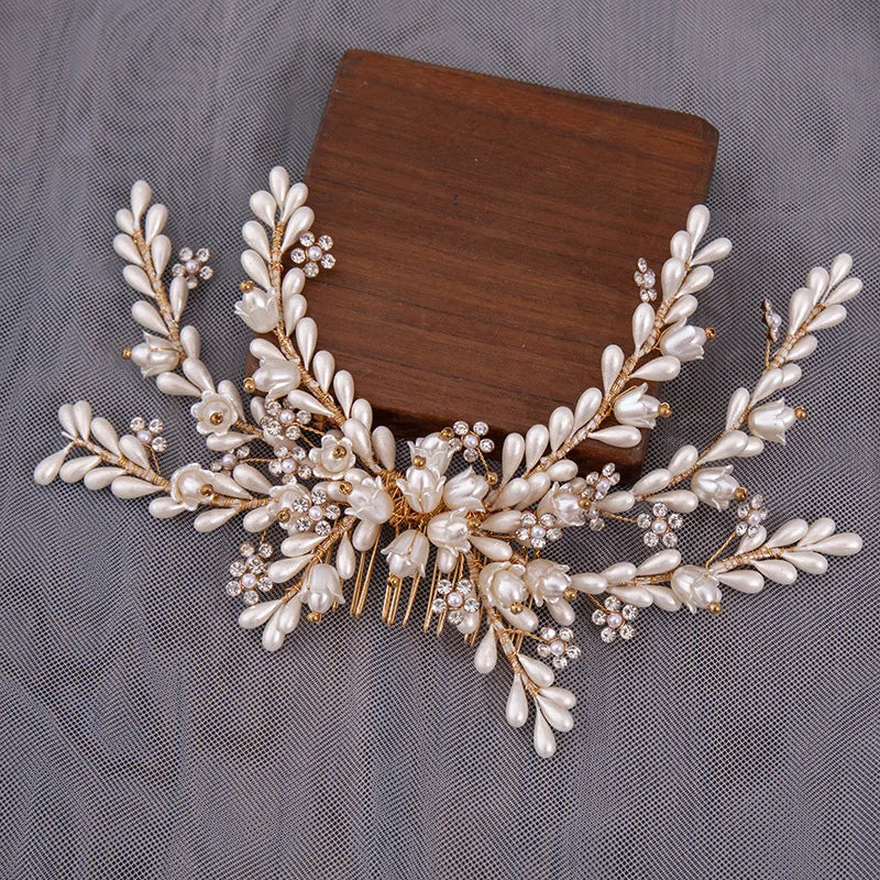 Wedding Accessories Gold Color Hair Comb Pin Flower Head Pieces For Brides Crystal Evening Party Dress Headdress Bridal Jewelry