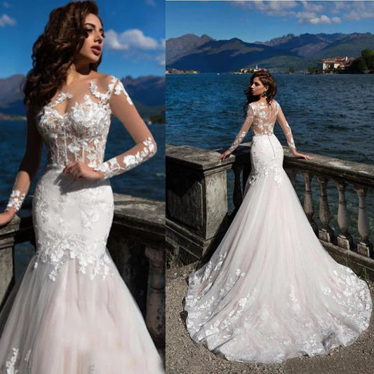 Весільні сукні з довгими рукавами 2024 Мереживо Аплікація Совка Шия Весільні сукні Підмітають потяг Vestidos de Novia Custom