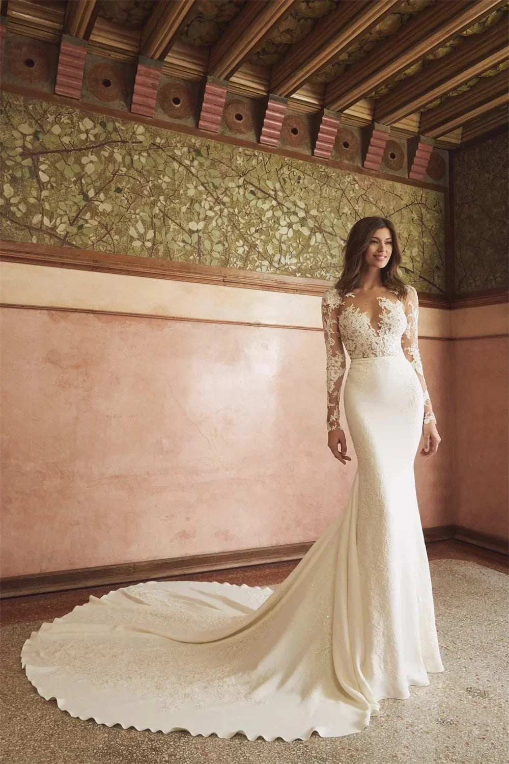 2026 Sexy Mermaid Wedding Dress O-neck Lace Appliques Illusion Buttons Back Women Brides Bridal Dress Vestidos De Noiva