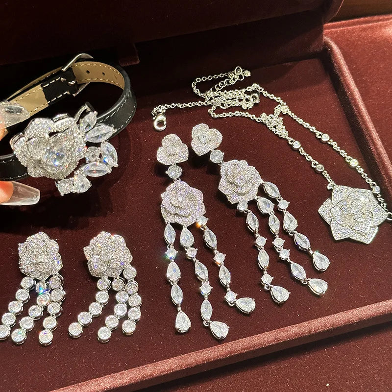 Rose Flower AAA Zircon Bridal Earrings Cubic Zirconia Wedding Earring For Brides Accessories Women Dinner Party Dress Jewelry