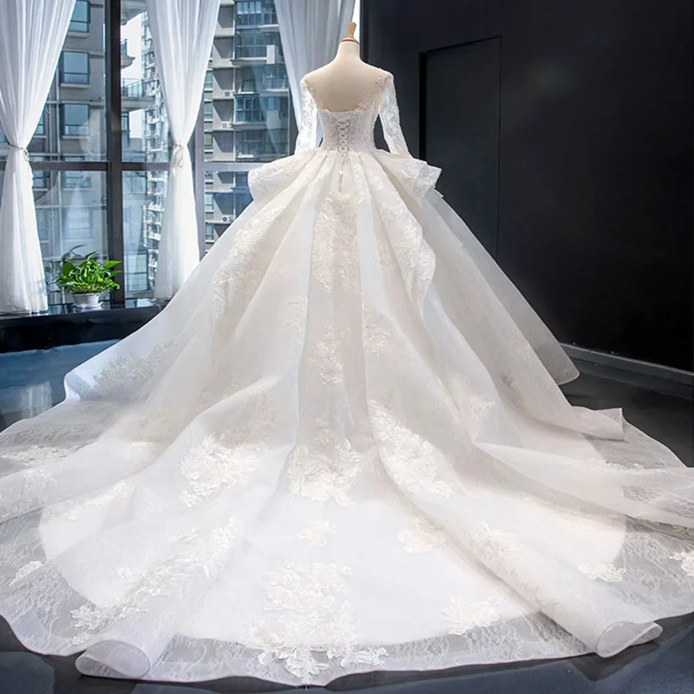 Customized Elegant Long Sleeve Ball Gown Wedding Dresses Vestido De Noiva Beading Appliques Lace Bridal Gowns Chapel Train