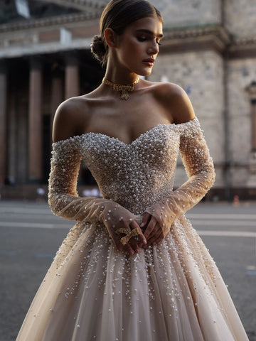 Vestido de noiva gracioso fora do ombro Vestido de pérolas brilhantes para a noiva de luxo de luxo A-line Long Vestio de noiva de Mariée