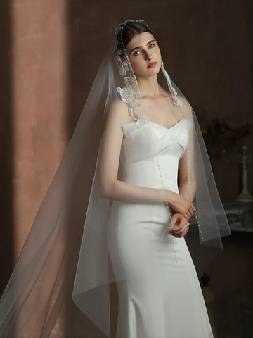 Long Pearl Bridal Veil Flower Lace Wedding Veils For Evening Dinner Party Dress Women Girl Gift Hair Accessories Brides Jewelry