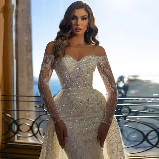 Luxury Sequins Mermaid Wedding Dresses For Women 2024 Off Shoulder Long Sleeves Dubai Bridal Gown With Detachable Train Vestidos