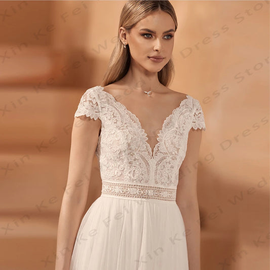 Vestidos de noiva fascinantes elegantes 2024 Apliques de renda sexy lindos lindos vestidos de noiva de mangas curtas de decote curto 2024