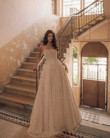 Customized Luxury Exquisite Strapless A Line Wedding Dress Beaded Lace Bridal Dress Beaded Pearls Sweep Train vestidos de novia