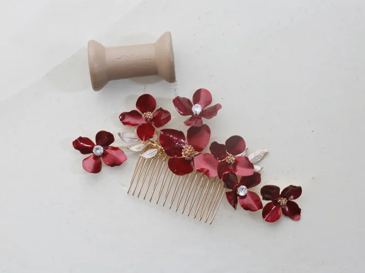Wedding Accessories Red Flower Hair Comb Pin Clip Leaf Hairpin For Brides Bridesmaids Women Girl Head Pieces Bridal Jewelry