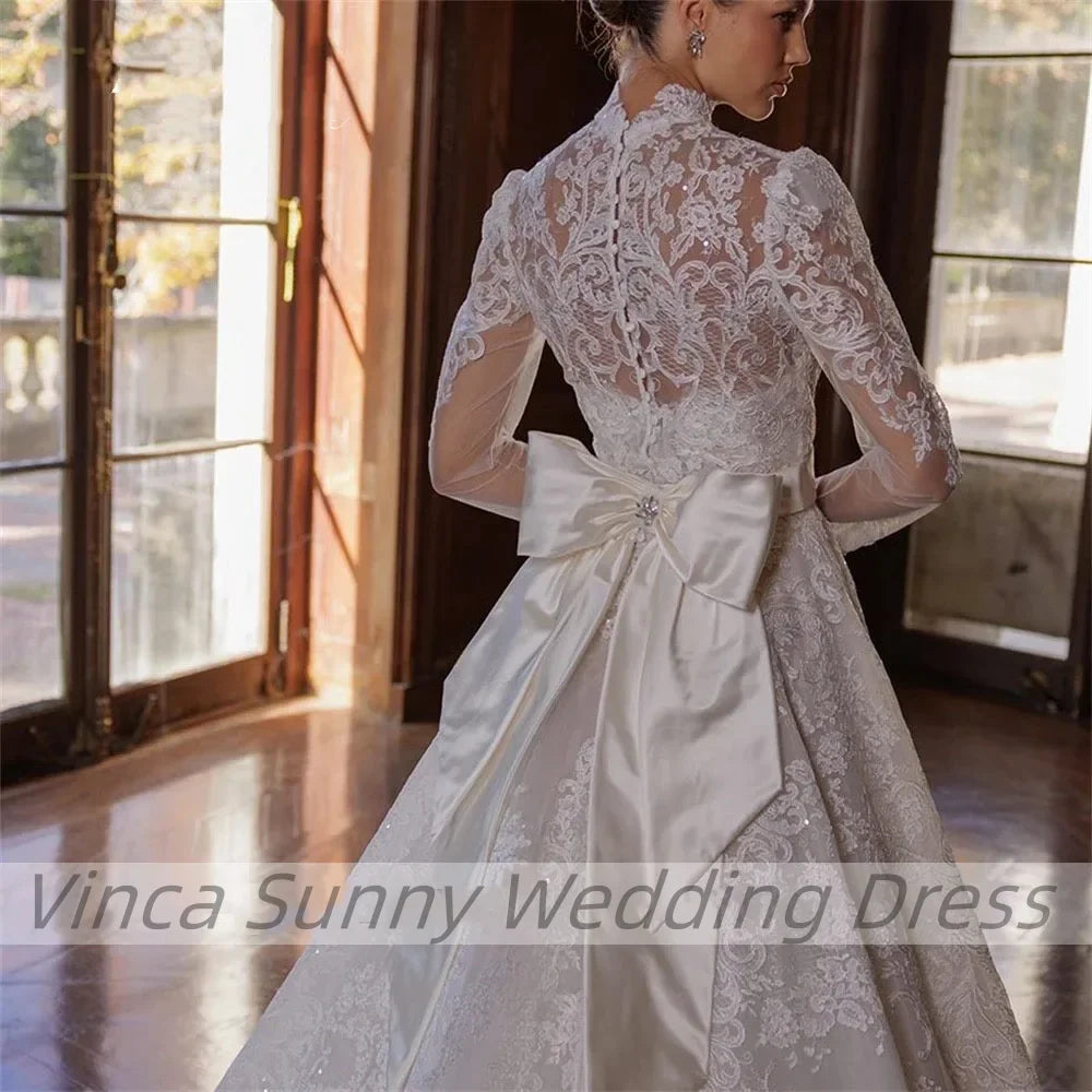 Customized A-LINE Wedding Dress Lace Bride Dress High Neck Long Sleeves Bridal Gown Embroidered Robe De Mariage