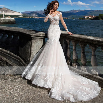 Customized Elegant Mermaid Long Sleeves Wedding Dress For Woman Sexy V-neck Lace Appliques Buttons Bride Gown Vestidos Princess
