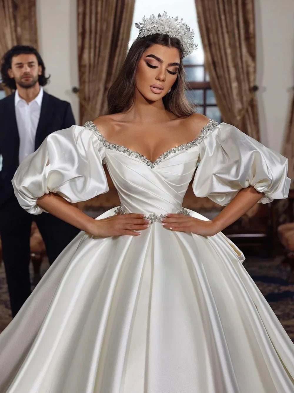 Customized Sexy  Wedding Dresses Off The Shoulder Beading Bridal Dress Simple Satin Ball Gown Long Bride Robe Vestidos De Novia