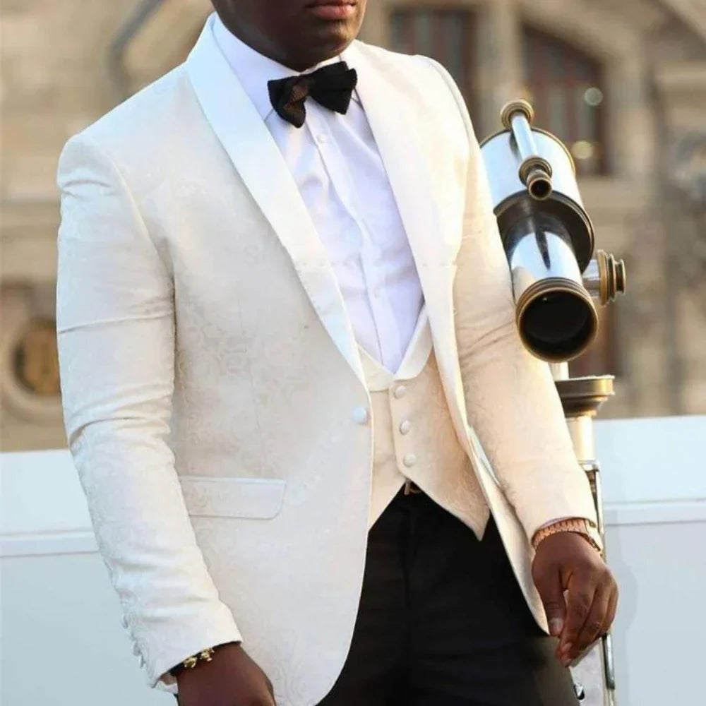 Floral Groom Tuxedos for Wedding Slim Fit Men Suits Custom Shawl Lapel Prom Dinner Best Man Costume ( Jacket+Pants+Vest)