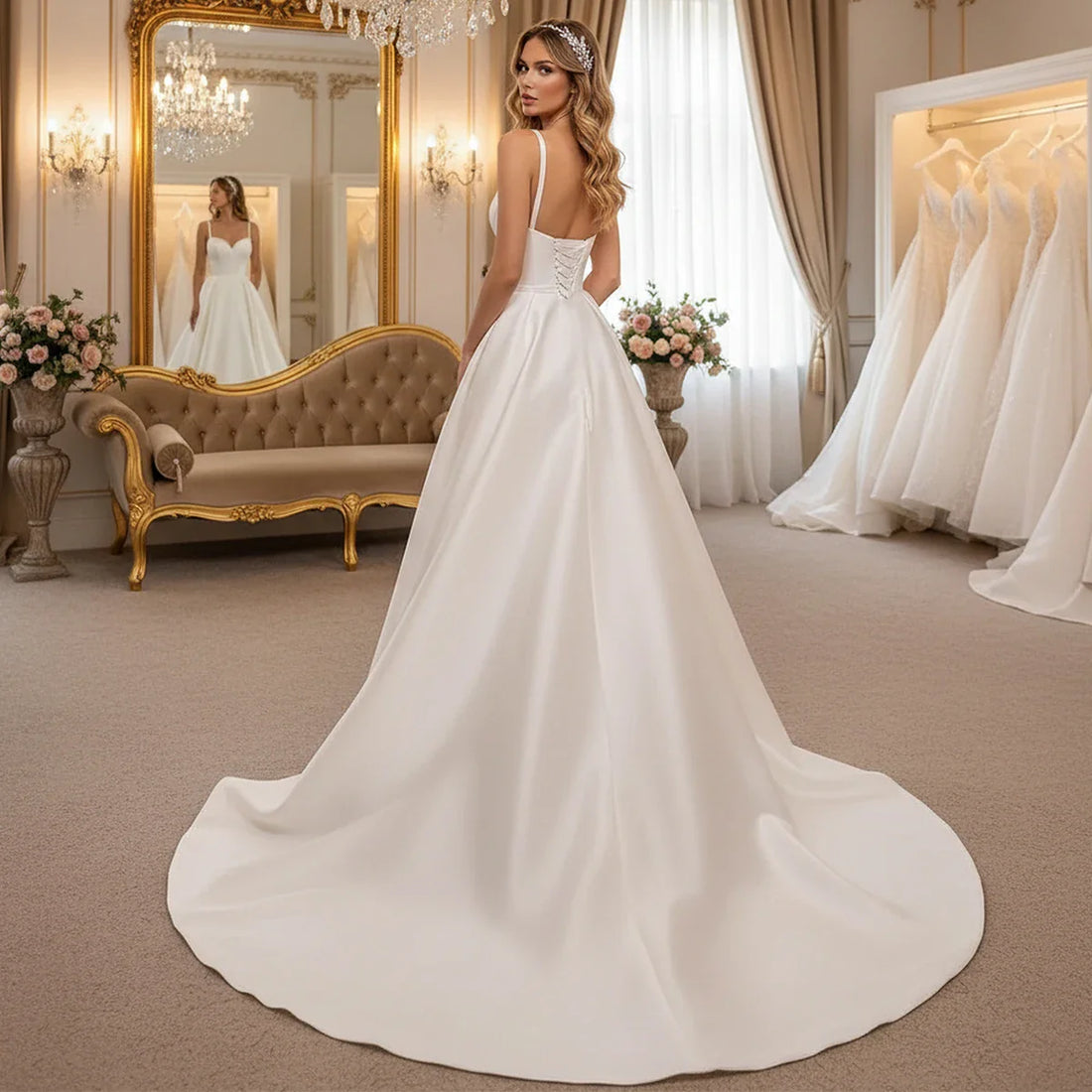 Romantic Satin Sheath Wedding Dresses With Slit Square Collar Long Mermaid Bridal Gown With Detachable Train Vestidos Novia