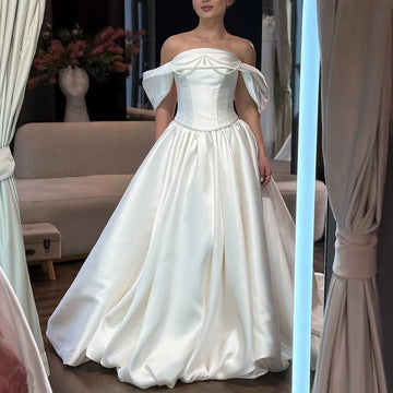 Vestidos Novia Satin Puffy Wedding Dress With Train 2025 Off Shoulder Pearl Bridal Party Gown  For Bride Backless Long Ball Gown
