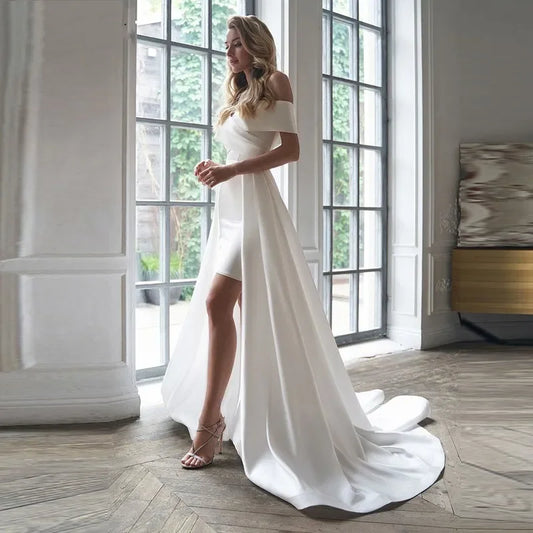 2024 Robes de mariée courtes modernes avec train détachable au large de l'épaule Lacet Up Satin Bridal Party Vestidos de Novia