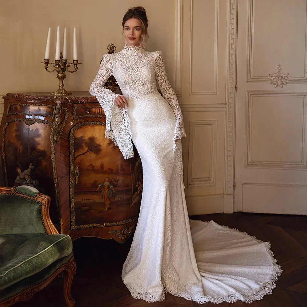 Elegant lace high neck long sleeves buttons back sweep train classic bridal gown 2026 – Pollyanna Events
