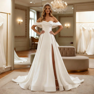 Elegant Satin Beaded Off Shoulder Wedding Dress For Women Long A Line Bridal Gown With Slit Pleated Ball Gown for Party