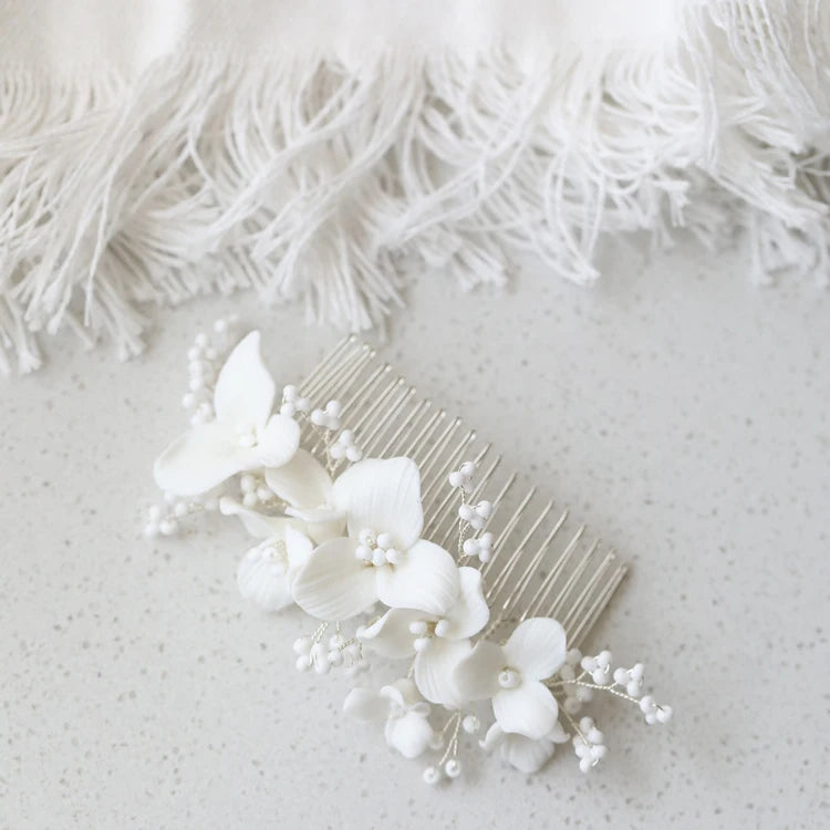 Wedding Accessories Porcelain Flower Hair Comb Pin Silver Gold Color Hairpins For Brides Women Gifts Head Pieces Bridal Jewelry