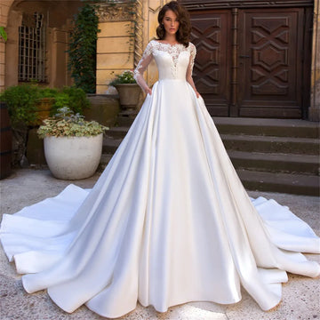 Customized Elegant  Satin Ball Gown Wedding Dresses Lace Appliques Long sleeve Bridal Gown Backless Vestido De Novia 2025