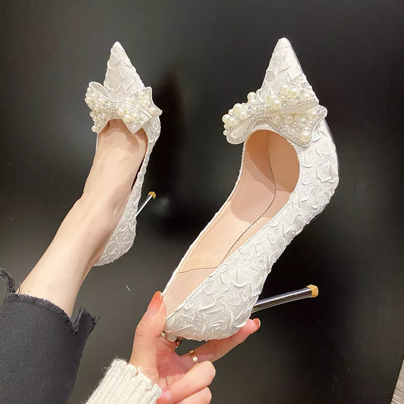 Rimocy Ladies Sexy Stiletto Heel Pearl Wedding Shoes Bride Thin High Heels White Pumps Women 2024 Pointed Toe Dress Party Shoes