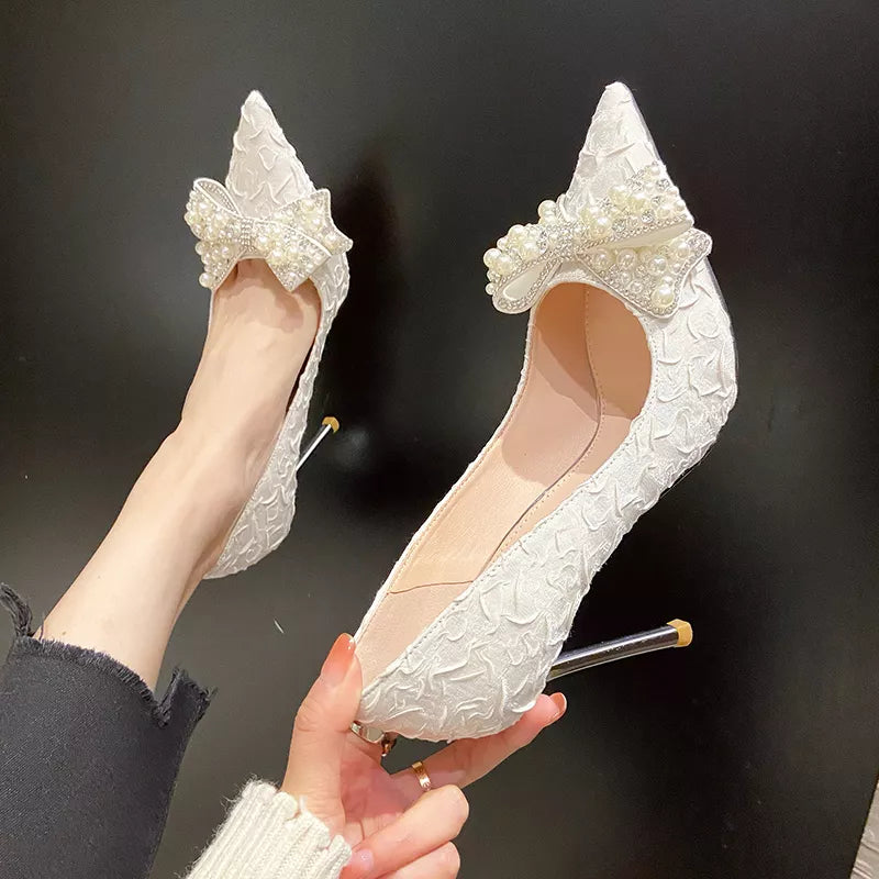 Pearl wedding shoes bride stiletto thin high heels white pointed toe dress party pumps women – Pollyanna Events