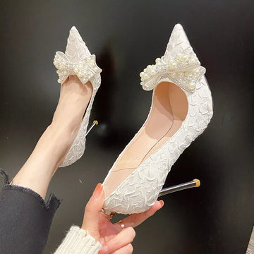 Rimocy дамські сексуальні стилею на підборах перлові весільні взуття наречені тонкі підбори білі насоси жінки 2024 загострені взуття для вечірок на ногах