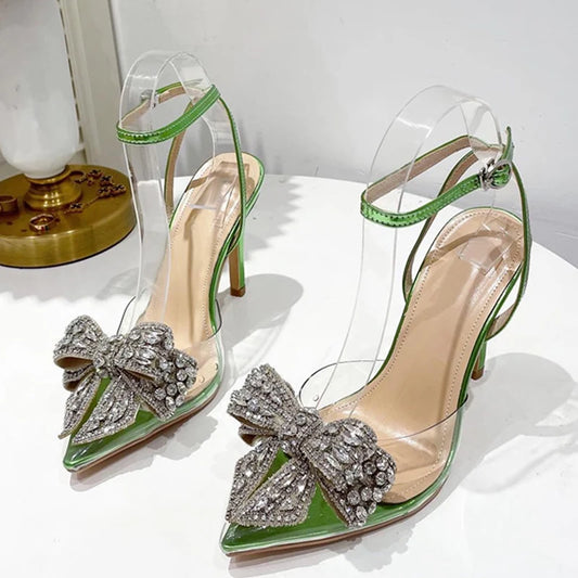 Liyke zomerfeest bruiloft stripper hoge hakken sexy kristal bowknot puntige teen dames pompen pvc transparante sandalen schoenen groen