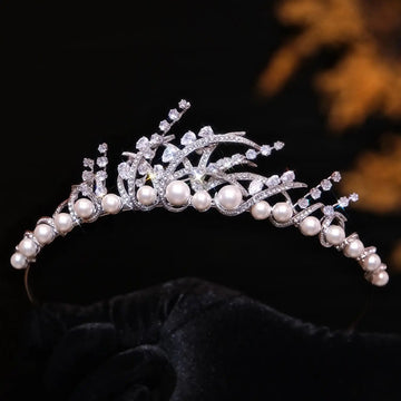 Rhinestones Zircon Tiaras and Crowns Pearl Zirconia Headband For Brides Women Diadem Bridal Jewelry Wedding Hair Accessories